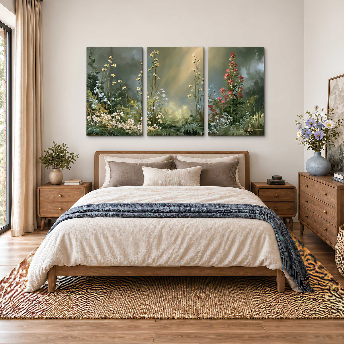 White and red woodland flowers rising in a softly lit green forest clearing 3 piece canvas wall art styled in an interior