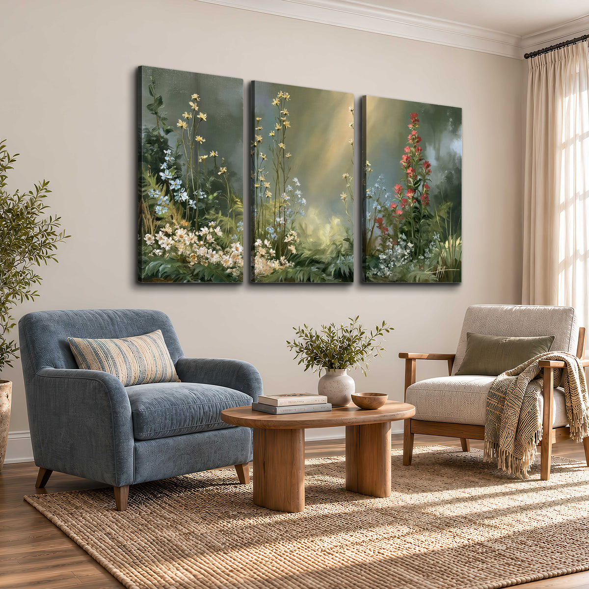 White and red woodland flowers rising in a softly lit green forest clearing 3 piece canvas wall art styled in an interior