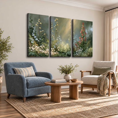White and red woodland flowers rising in a softly lit green forest clearing 3 piece canvas wall art styled in an interior