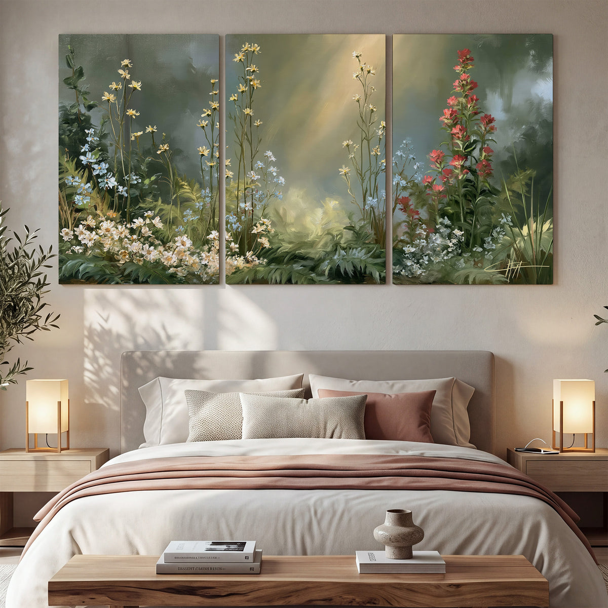 White and red woodland flowers rising in a softly lit green forest clearing 3 piece canvas wall art displayed in a bedroom