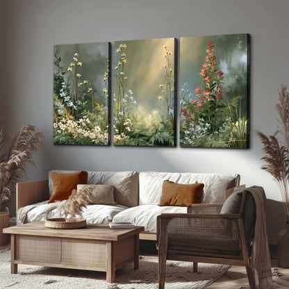 White and red woodland flowers rising in a softly lit green forest clearing 3 piece canvas wall art displayed in a rustic living room