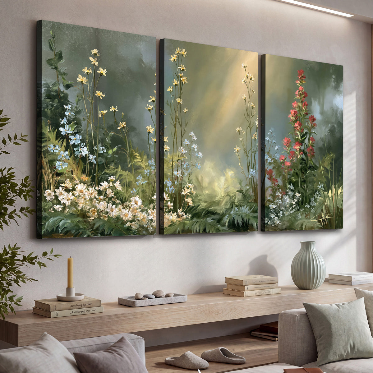 White and red woodland flowers rising in a softly lit green forest clearing 3 piece canvas wall art displayed in a console