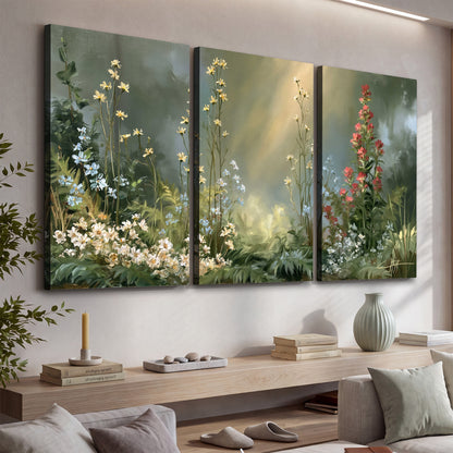 White and red woodland flowers rising in a softly lit green forest clearing 3 piece canvas wall art displayed in a console