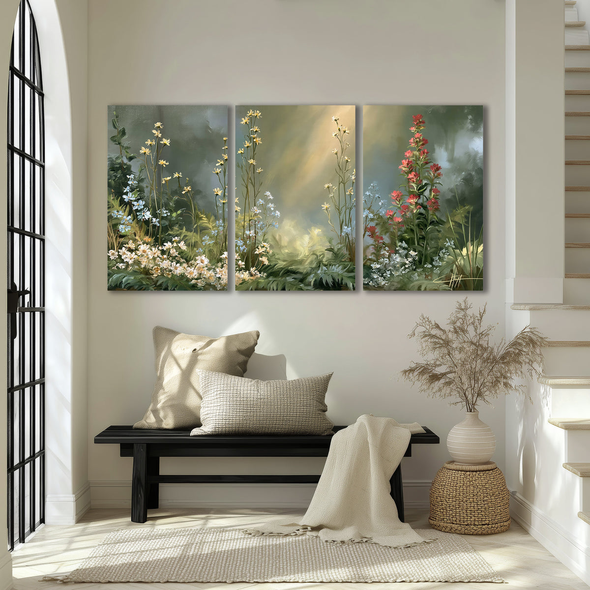 White and red woodland flowers rising in a softly lit green forest clearing 3 piece canvas wall art displayed in a entryway