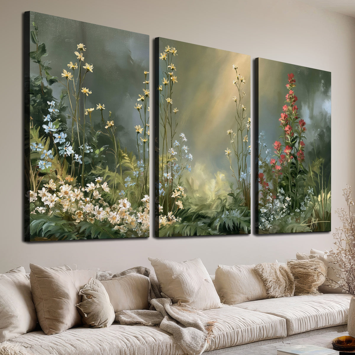 White and red woodland flowers rising in a softly lit green forest clearing 3 piece canvas wall art room and product view
