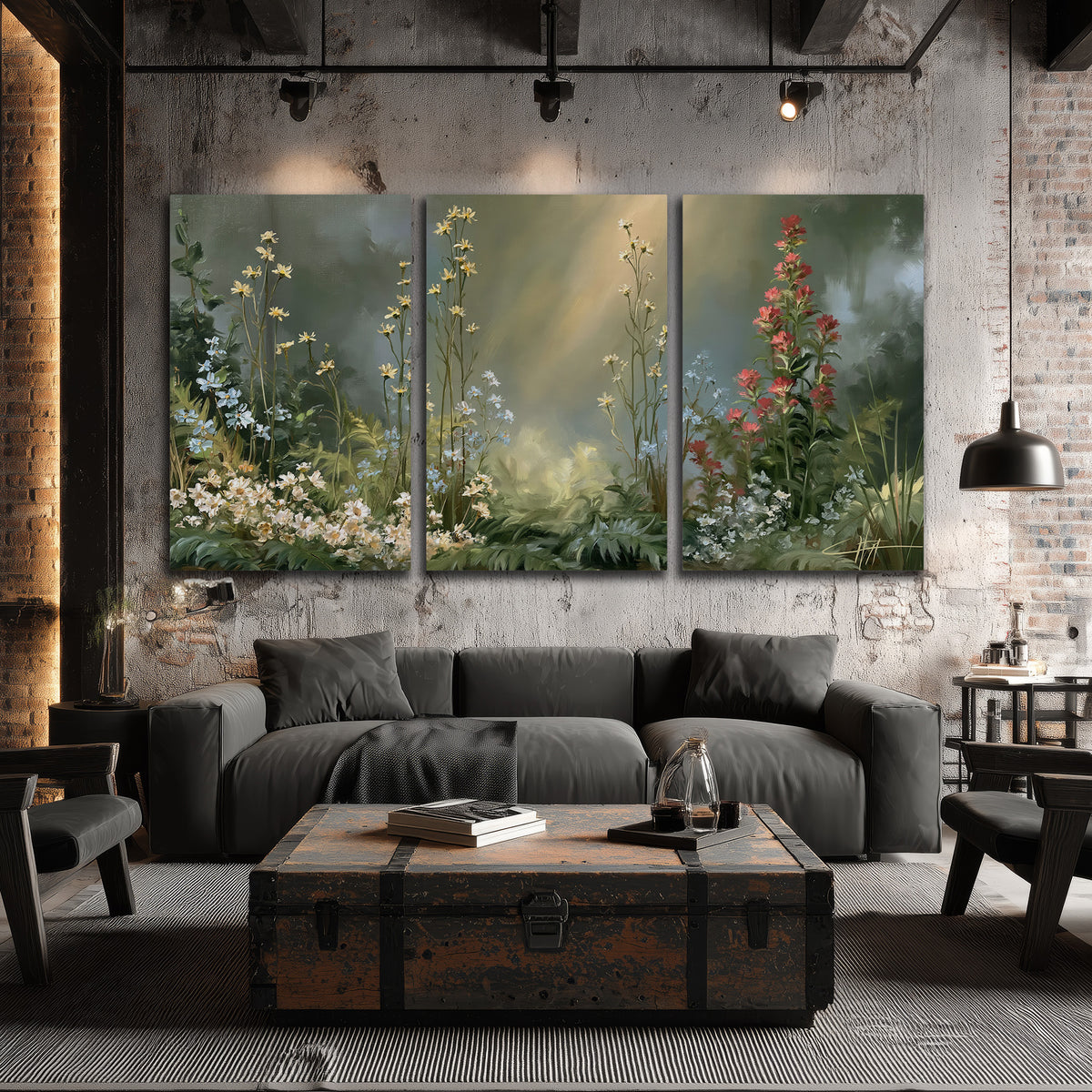 White and red woodland flowers rising in a softly lit green forest clearing 3 piece canvas wall art displayed in a industrial room