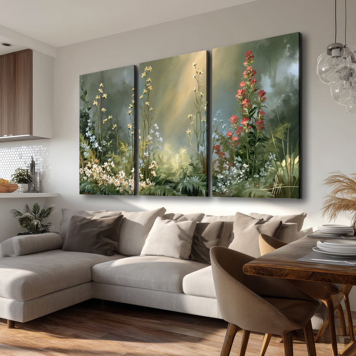 White and red woodland flowers rising in a softly lit green forest clearing 3 piece canvas wall art room and product view