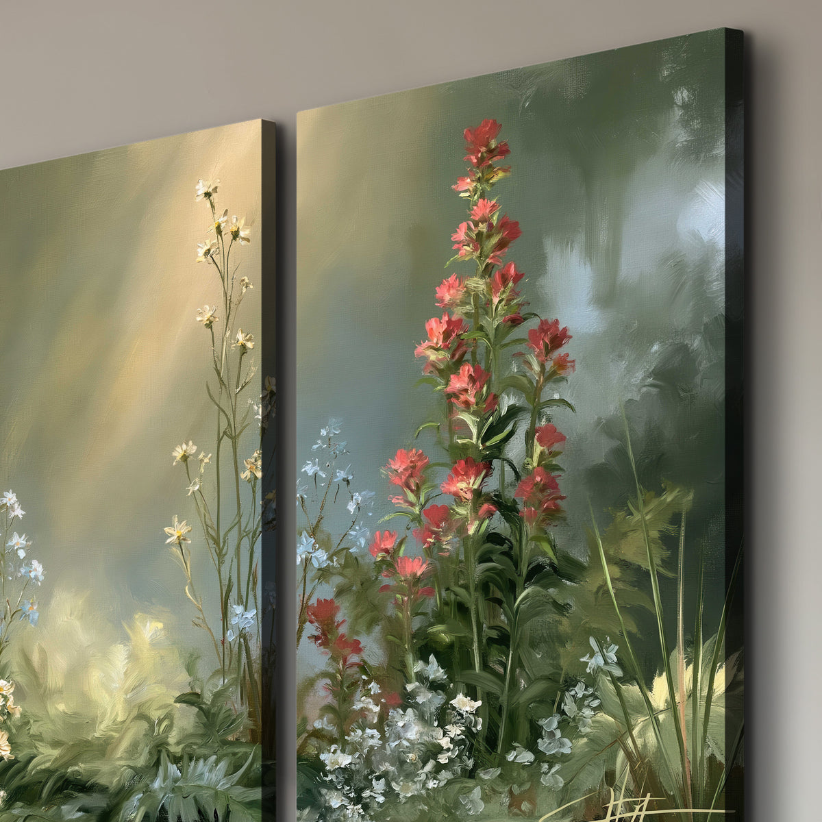 White and red woodland flowers rising in a softly lit green forest clearing 3 piece canvas wall art room and product view