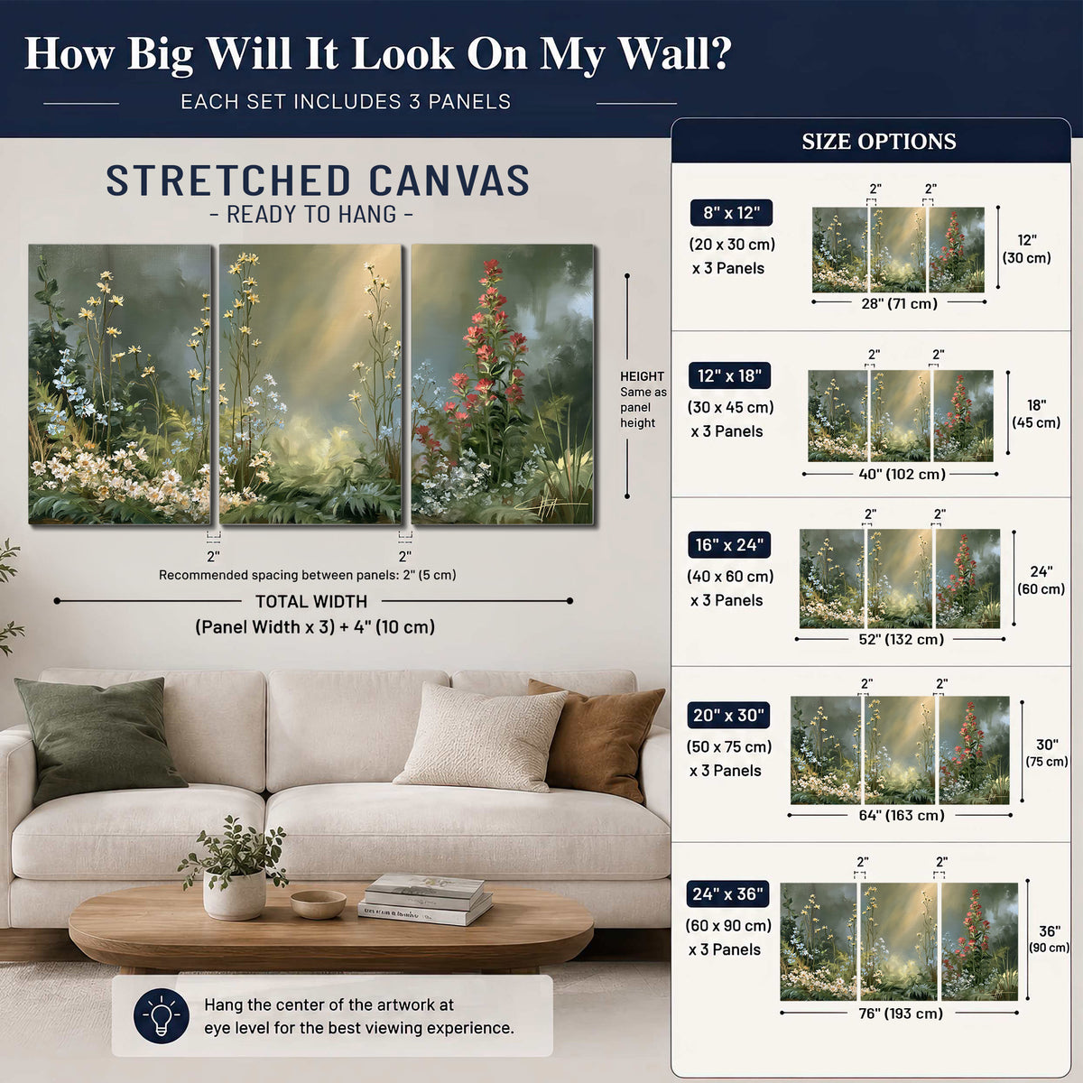 White and red woodland flowers rising in a softly lit green forest clearing 3 piece canvas wall art size guide above a sofa; room view is illustrative
