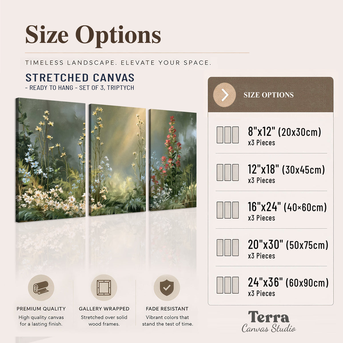White and red woodland flowers rising in a softly lit green forest clearing 3 piece canvas wall art available dimensions; triptych dimensions are per panel