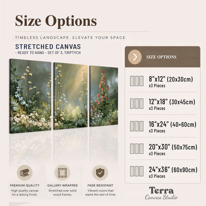 White and red woodland flowers rising in a softly lit green forest clearing 3 piece canvas wall art available dimensions; triptych dimensions are per panel