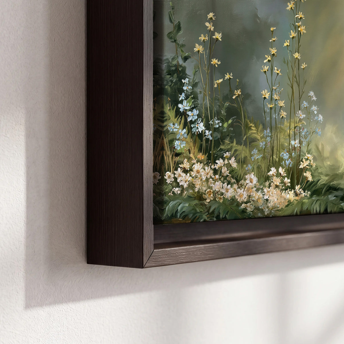 White and red woodland flowers rising in a softly lit green forest clearing 3 piece framed canvas wall art material and edge close up