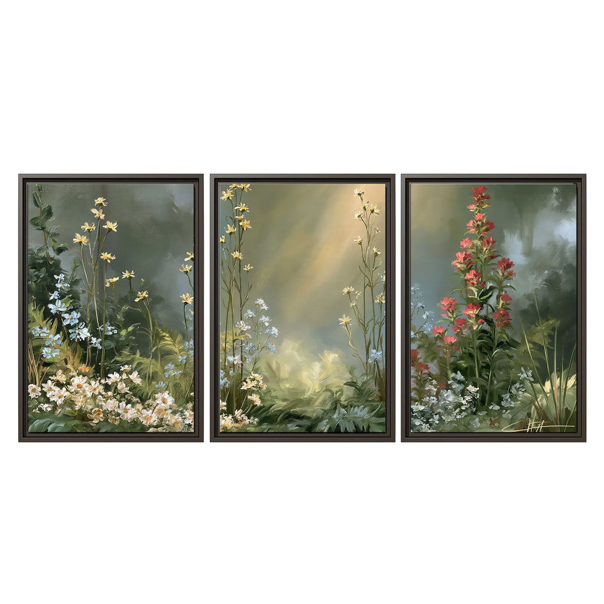 White and red woodland flowers rising in a softly lit green forest clearing 3 piece framed canvas wall art viewed straight on