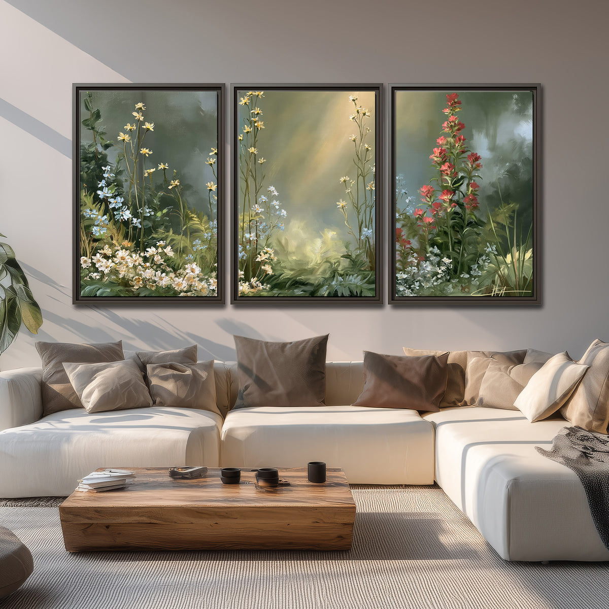 White and red woodland flowers rising in a softly lit green forest clearing 3 piece framed canvas wall art displayed in a living room
