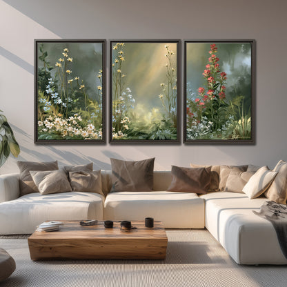 White and red woodland flowers rising in a softly lit green forest clearing 3 piece framed canvas wall art displayed in a living room