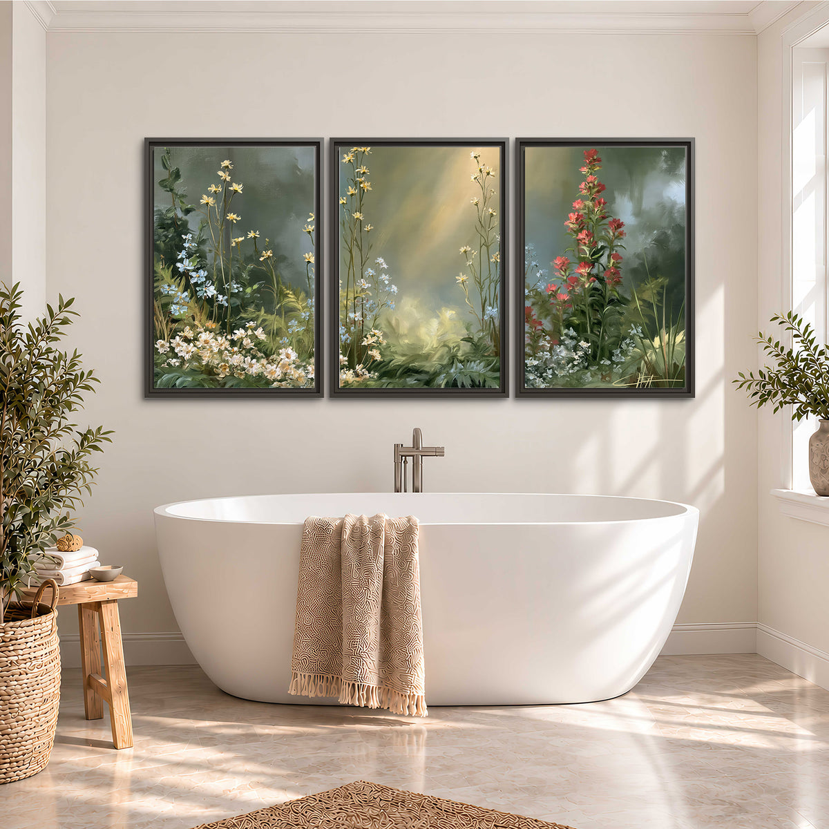 White and red woodland flowers rising in a softly lit green forest clearing 3 piece framed canvas wall art styled in an interior