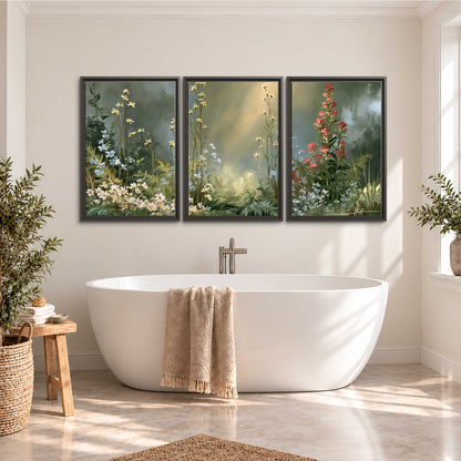 White and red woodland flowers rising in a softly lit green forest clearing 3 piece framed canvas wall art styled in an interior