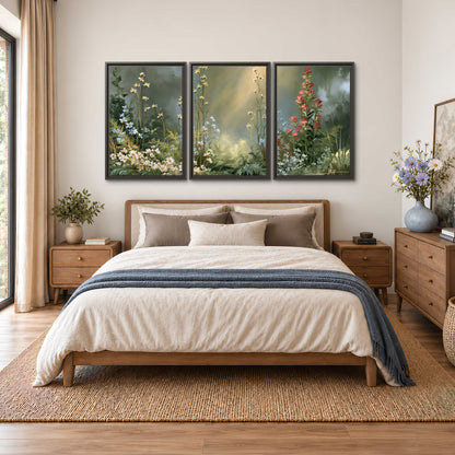 White and red woodland flowers rising in a softly lit green forest clearing 3 piece framed canvas wall art styled in an interior