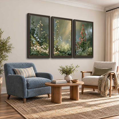 White and red woodland flowers rising in a softly lit green forest clearing 3 piece framed canvas wall art styled in an interior