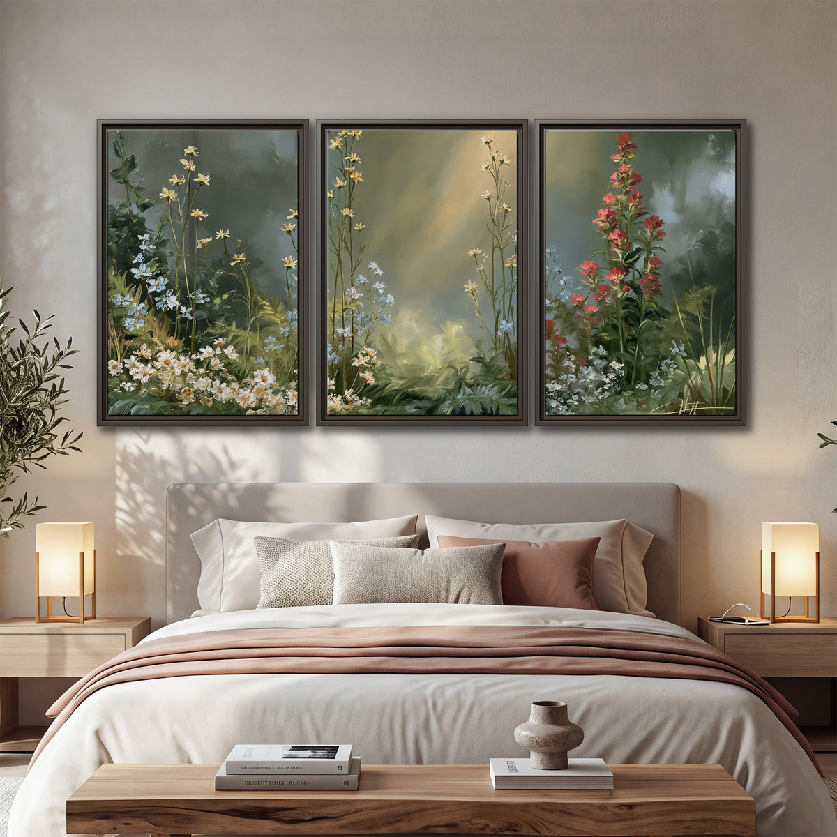 White and red woodland flowers rising in a softly lit green forest clearing 3 piece framed canvas wall art displayed in a bedroom