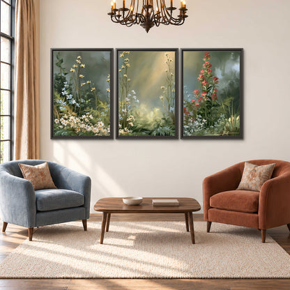 White and red woodland flowers rising in a softly lit green forest clearing 3 piece framed canvas wall art styled in an interior