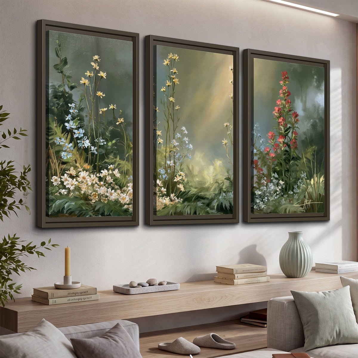 White and red woodland flowers rising in a softly lit green forest clearing 3 piece framed canvas wall art displayed in a console