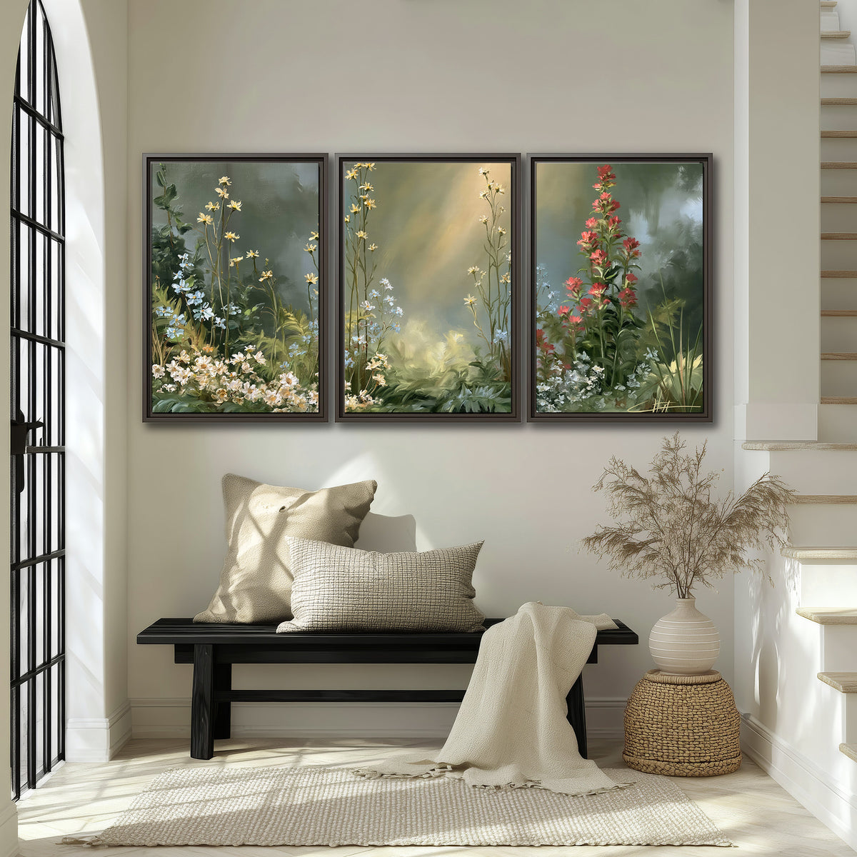 White and red woodland flowers rising in a softly lit green forest clearing 3 piece framed canvas wall art displayed in a entryway