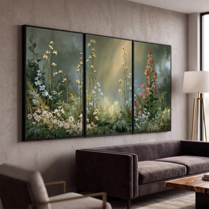 White and red woodland flowers rising in a softly lit green forest clearing 3 piece framed canvas wall art displayed in a modern living room