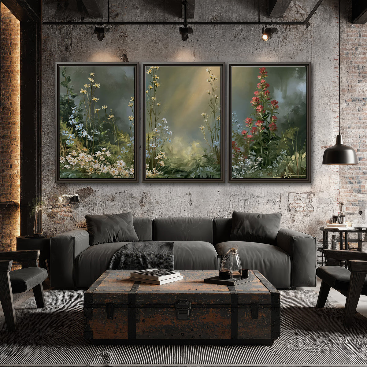 White and red woodland flowers rising in a softly lit green forest clearing 3 piece framed canvas wall art displayed in a industrial room