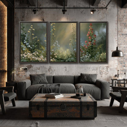 White and red woodland flowers rising in a softly lit green forest clearing 3 piece framed canvas wall art displayed in a industrial room