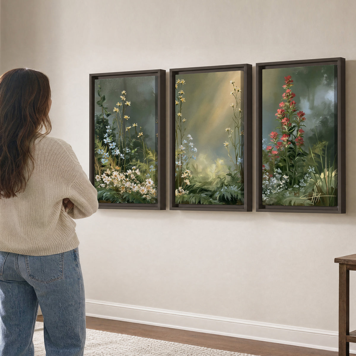 White and red woodland flowers rising in a softly lit green forest clearing 3 piece framed canvas wall art three panel arrangement on a wall