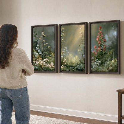 White and red woodland flowers rising in a softly lit green forest clearing 3 piece framed canvas wall art three panel arrangement on a wall