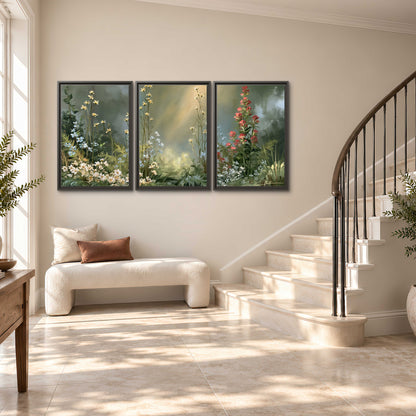 White and red woodland flowers rising in a softly lit green forest clearing 3 piece framed canvas wall art styled in an interior