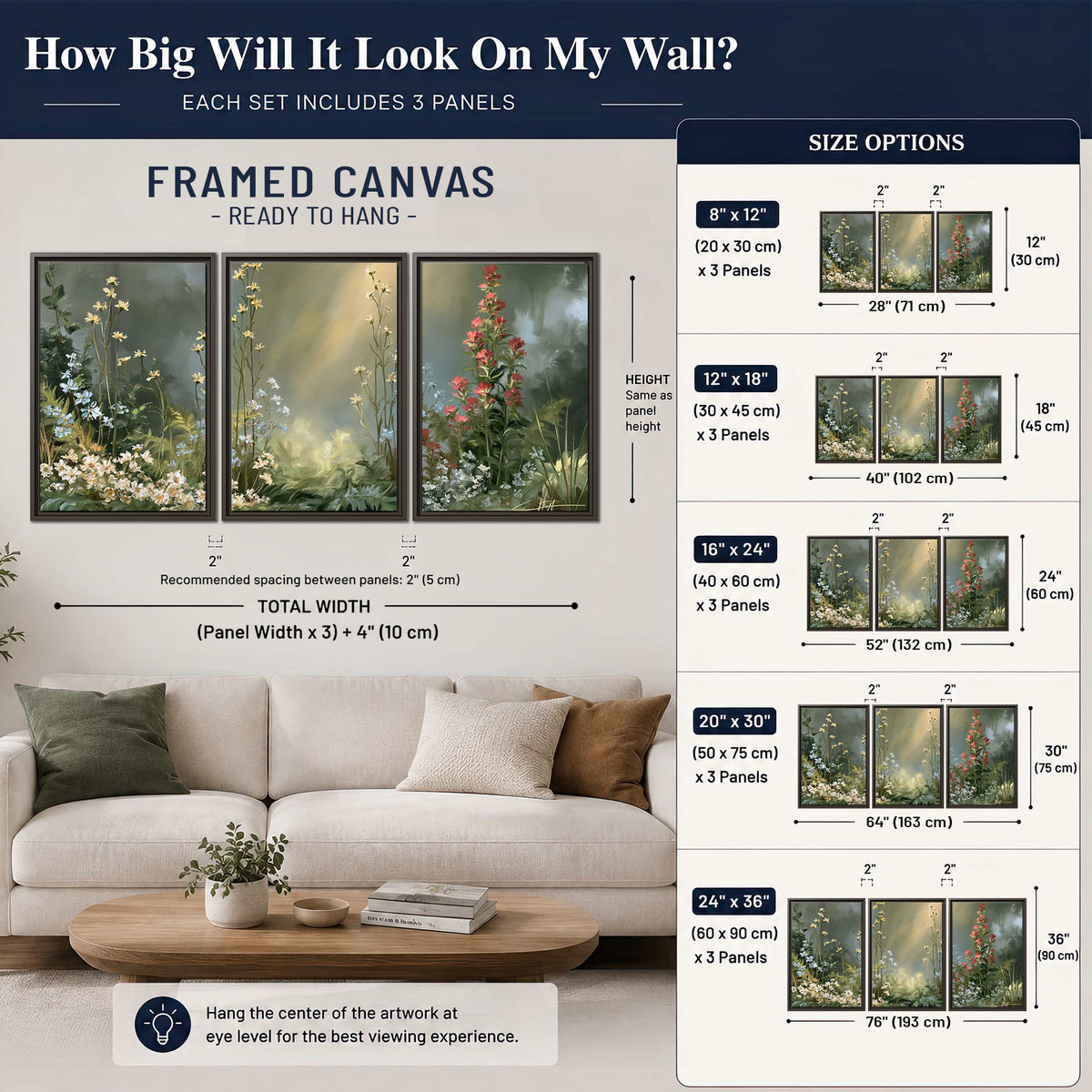 White and red woodland flowers rising in a softly lit green forest clearing 3 piece framed canvas wall art size guide above a sofa; room view is illustrative