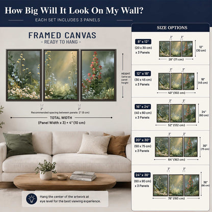 White and red woodland flowers rising in a softly lit green forest clearing 3 piece framed canvas wall art size guide above a sofa; room view is illustrative