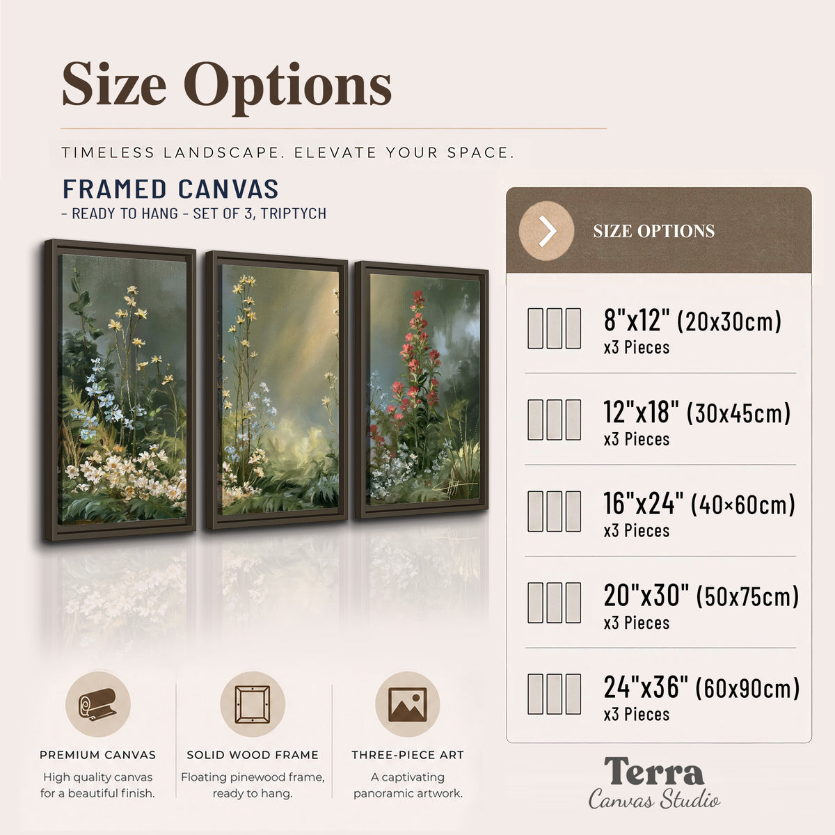 White and red woodland flowers rising in a softly lit green forest clearing 3 piece framed canvas wall art available dimensions; triptych dimensions are per panel