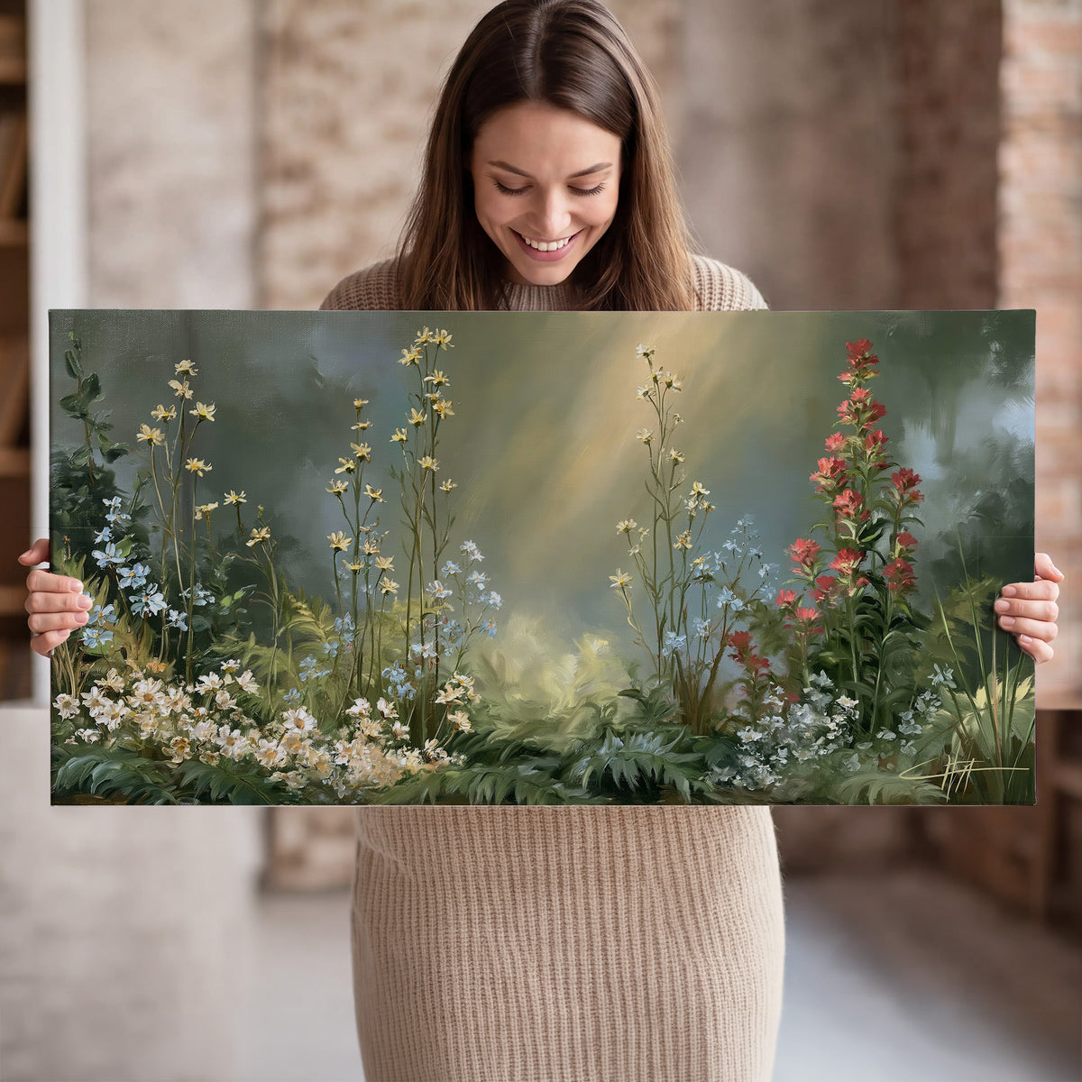 White and red woodland flowers rising in a softly lit green forest clearing single canvas wall art held in hands