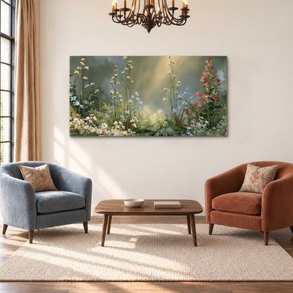 White and red woodland flowers rising in a softly lit green forest clearing single canvas wall art styled in an interior