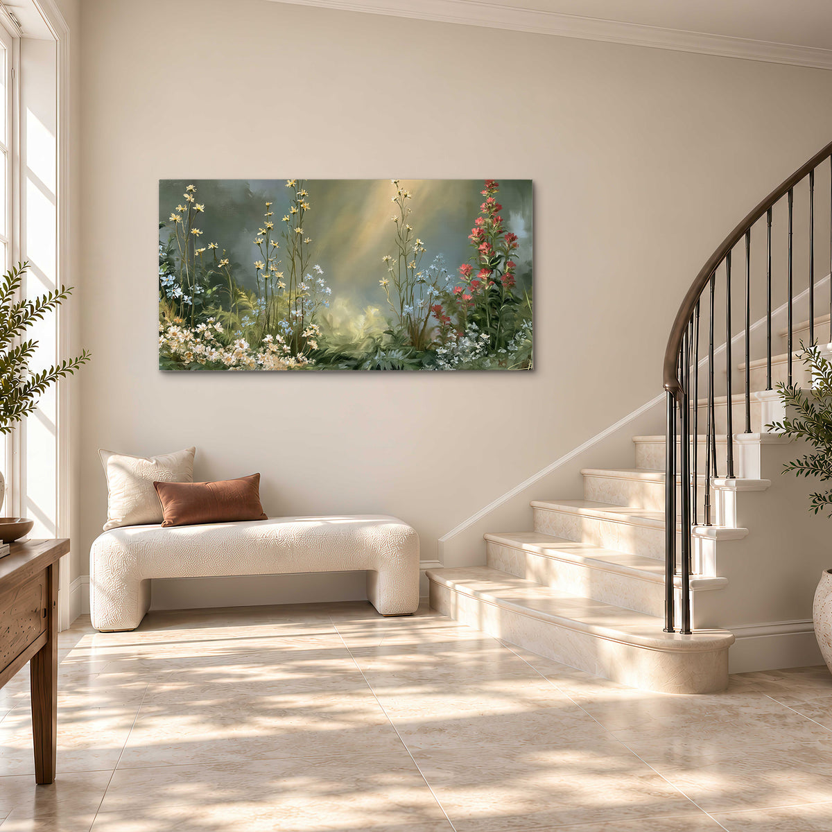 White and red woodland flowers rising in a softly lit green forest clearing single canvas wall art styled in an interior