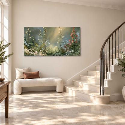 White and red woodland flowers rising in a softly lit green forest clearing single canvas wall art styled in an interior
