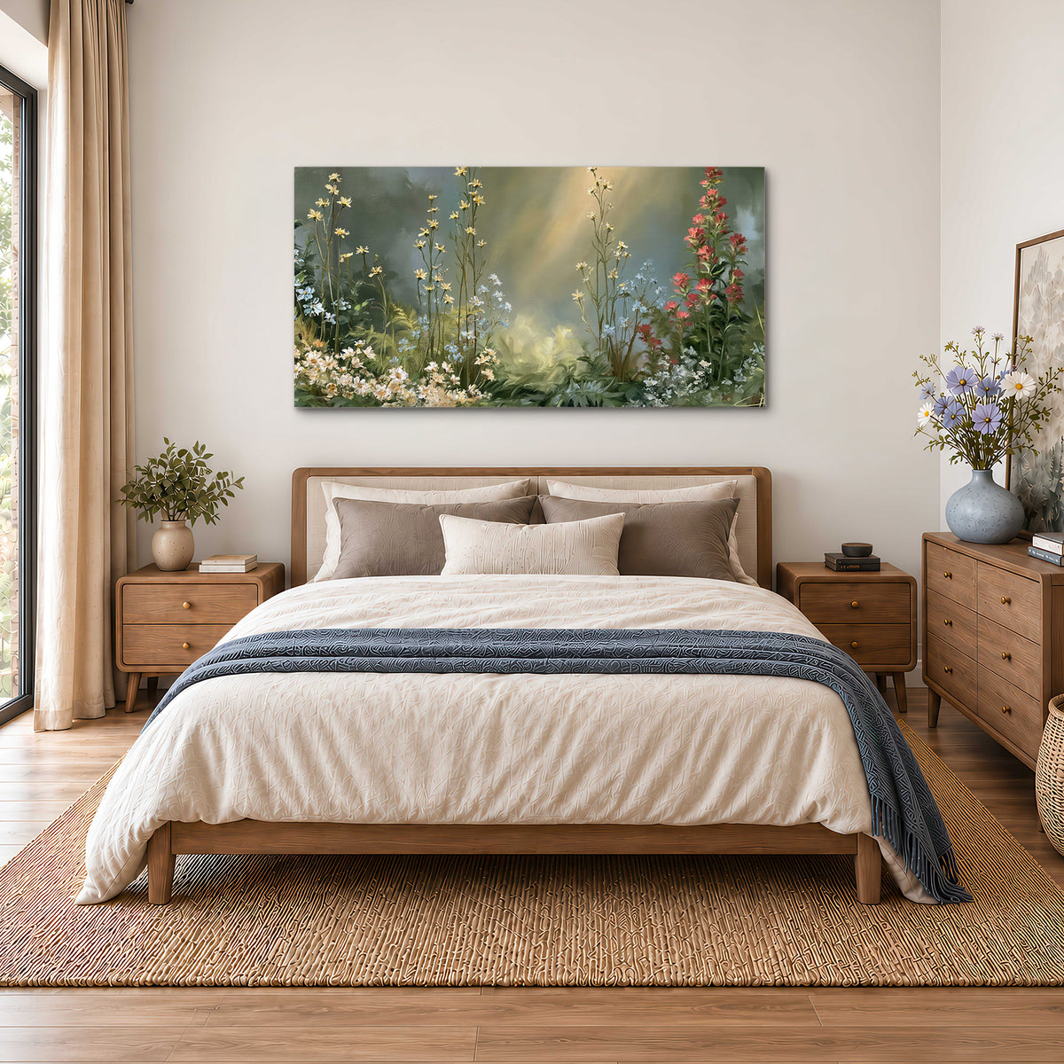 White and red woodland flowers rising in a softly lit green forest clearing single canvas wall art styled in an interior