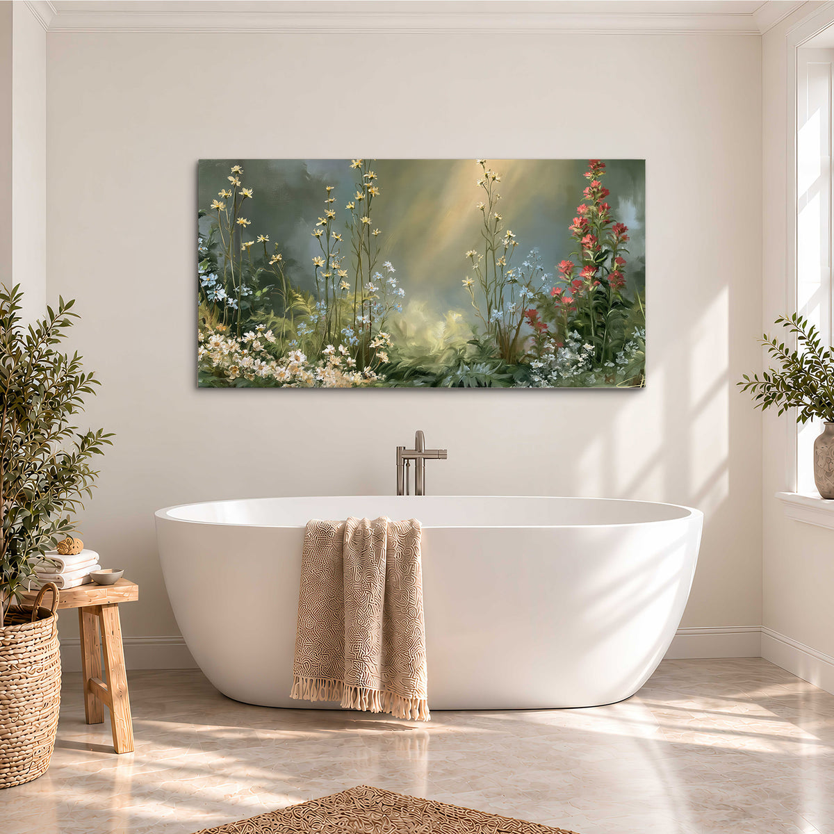White and red woodland flowers rising in a softly lit green forest clearing single canvas wall art styled in an interior