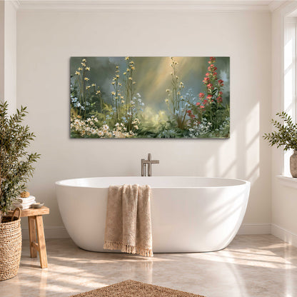 White and red woodland flowers rising in a softly lit green forest clearing single canvas wall art styled in an interior