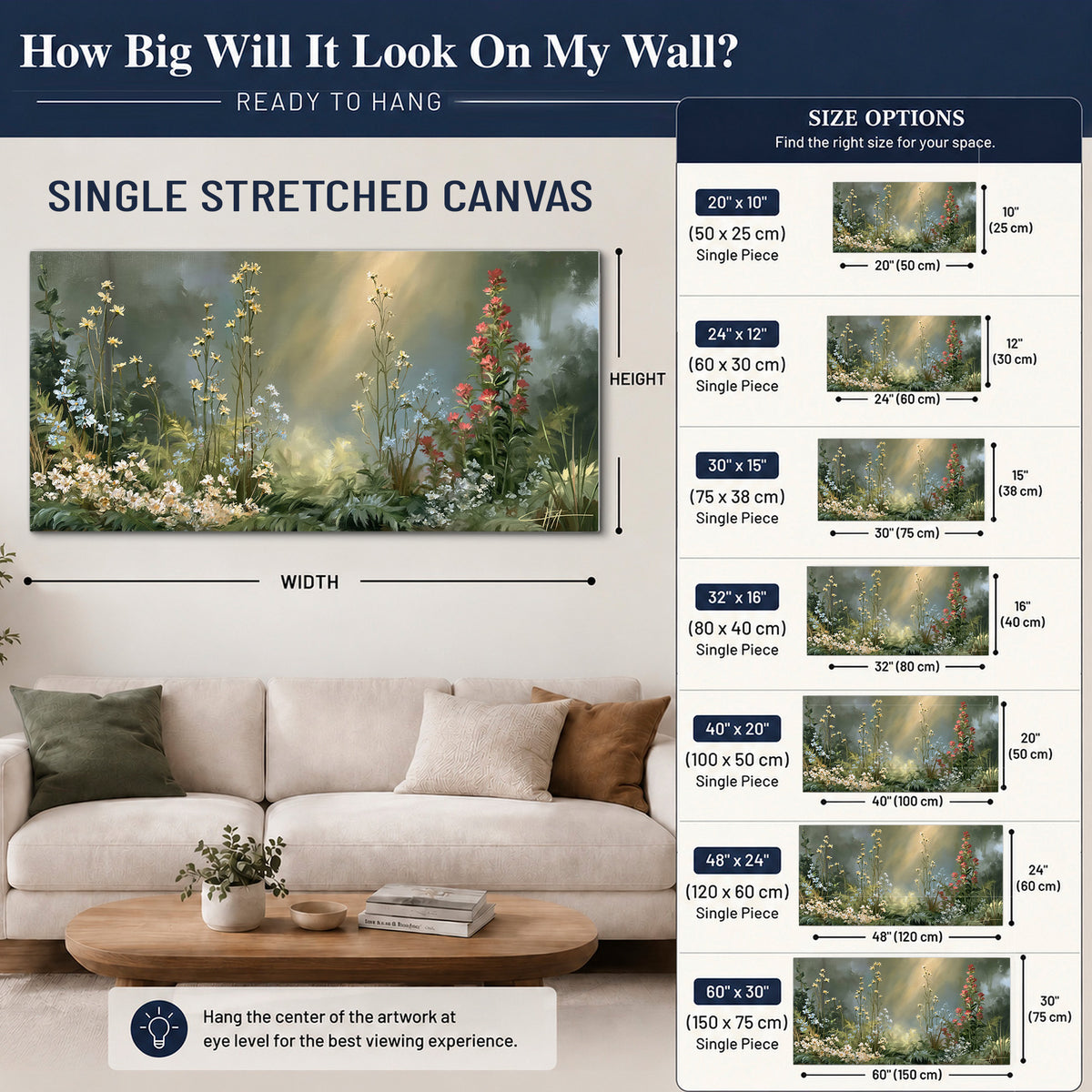 White and red woodland flowers rising in a softly lit green forest clearing single canvas wall art size guide above a sofa; room view is illustrative