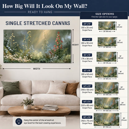 White and red woodland flowers rising in a softly lit green forest clearing single canvas wall art size guide above a sofa; room view is illustrative