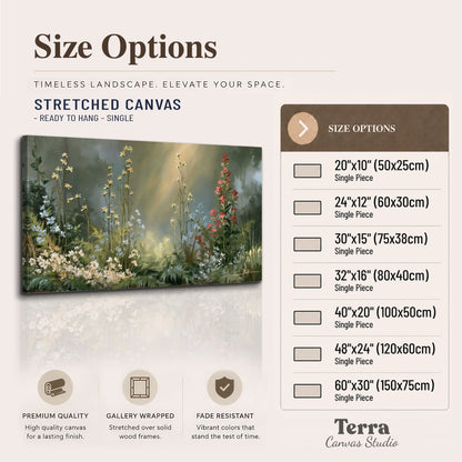White and red woodland flowers rising in a softly lit green forest clearing single canvas wall art available dimensions