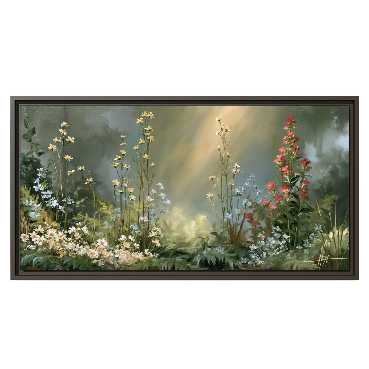 White and red woodland flowers rising in a softly lit green forest clearing single framed canvas wall art viewed straight on