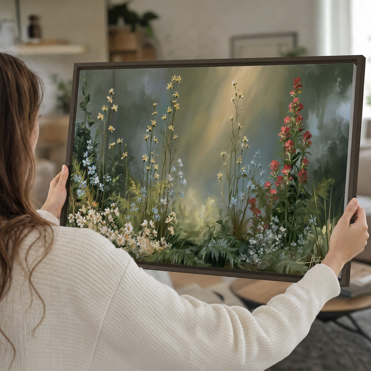 White and red woodland flowers rising in a softly lit green forest clearing single framed canvas wall art held in hands