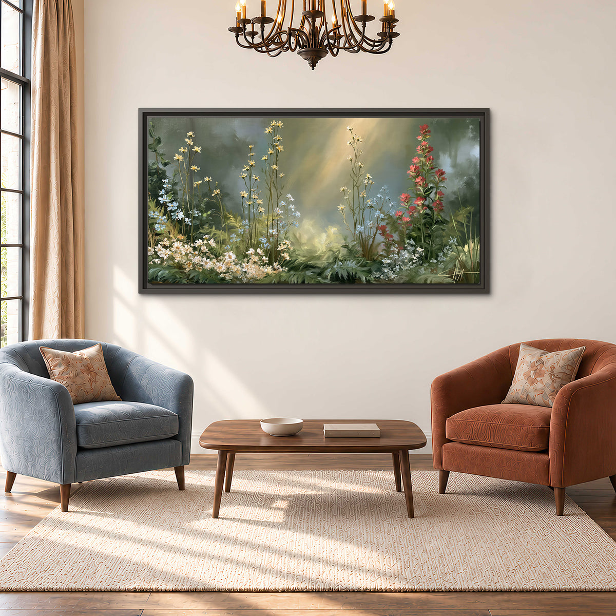 White and red woodland flowers rising in a softly lit green forest clearing single framed canvas wall art styled in an interior