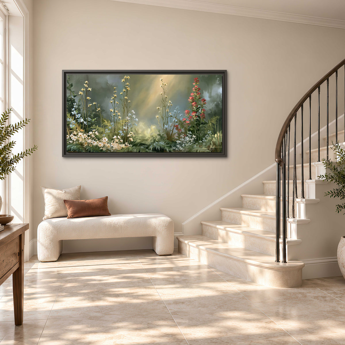 White and red woodland flowers rising in a softly lit green forest clearing single framed canvas wall art styled in an interior